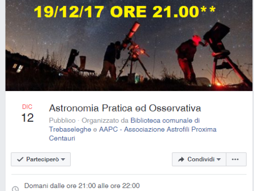 Serata astronomia 12/12 rinviata